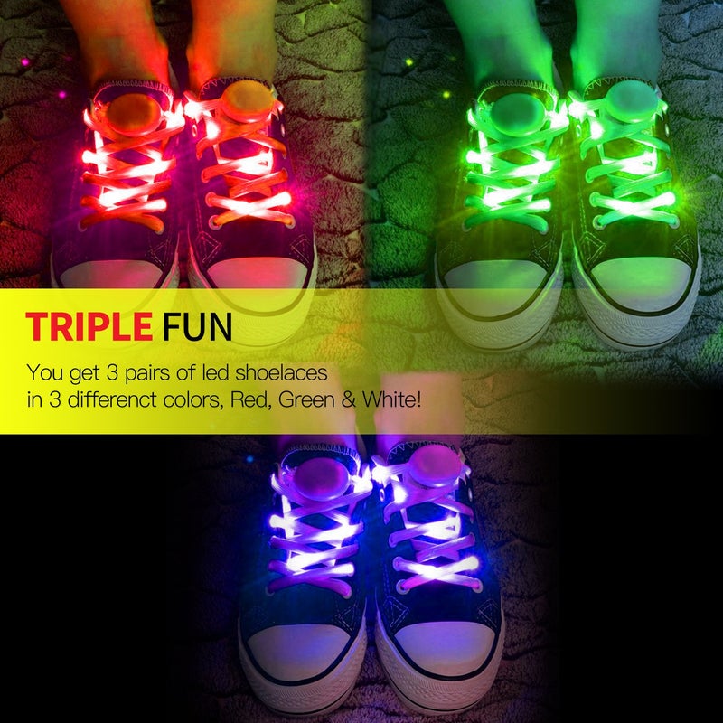 Novelty Place 3 Pairs LED Light Up Shoelaces with 3 Modes for Party, Dancing, Running & DIY - 3 Pairs (Green, Red & White) - Image 4